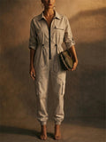 Women Utility Zip Front Cotton Blend Jogger Cargo Jumpsuit
