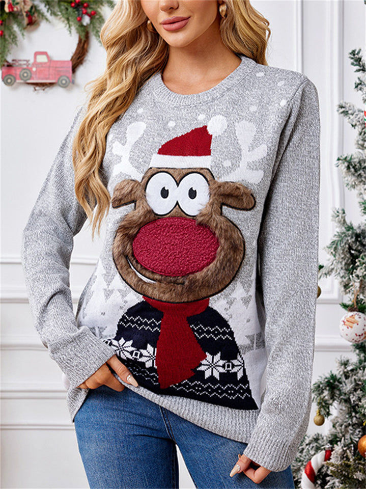 Women's Autumn Gray 3D Pattern Round Neck Long Sleeve Christmas Sweaters