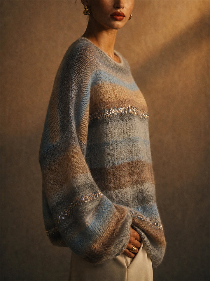 Women Oversized Striped Sequin Fuzzy Knit Casual Sweater