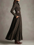 ‌Women's Autumn Plaid Vintage V Neck Buttons Belted Long Dress‌