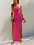 Female Sexy Split Beachwear Halter Neck Knit Cover-up Dress