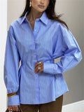 Women's Striped Cinched Waist Design Long Sleeve Blouses