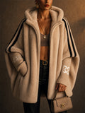 Women Oversized Faux Fur Striped Zip Up Hooded Jackets