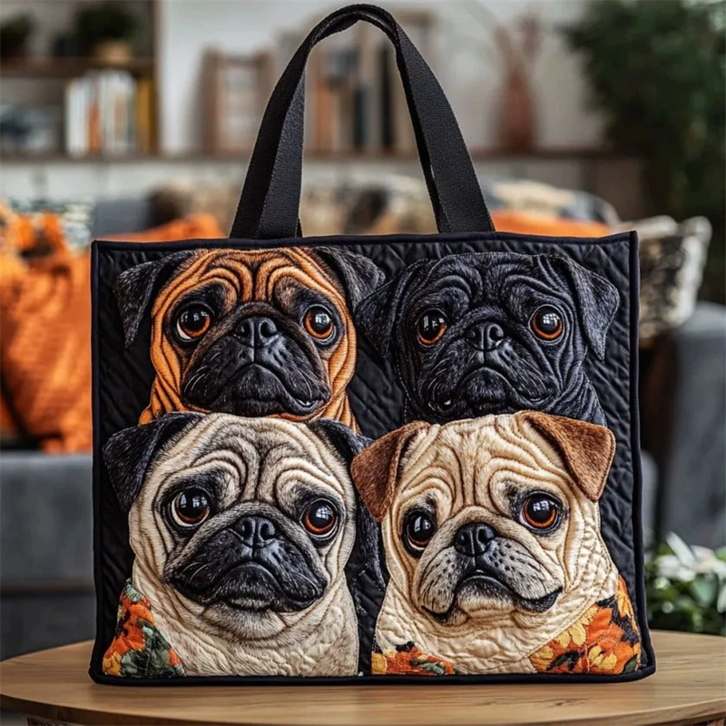 Four Pug Dog Print Quilted Tote Bag for Women