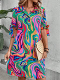 Women's Trendy Contrast Color Printed Bow Tie Half Sleeve Shirt Dress