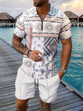 Men's 2 Piece Summer Holiday Style Print Quarter Zip Polo Shirt Shorts Outfits