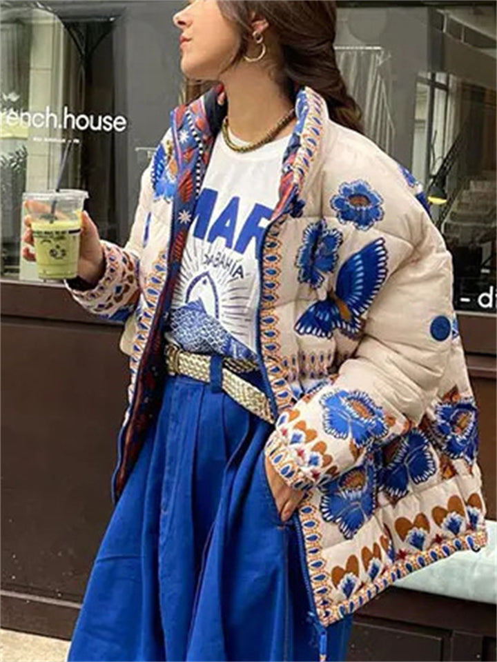 Women's Flowers Print Stand Collar Long Sleeve Zip Up Coat