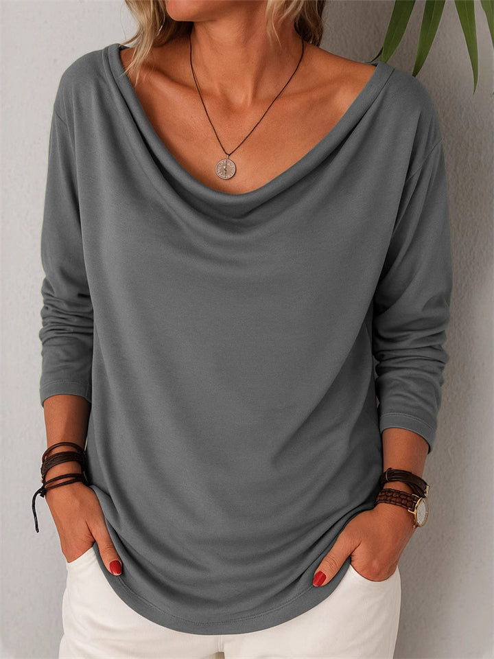 Women's Solid Color Round Neck Pile Collar Long Sleeve T-Shirt