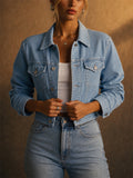 Women Chest Pocket Cropped Denim Jacket Trendy Short Coat