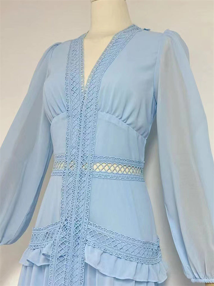 Women's V-Neck Vintage Holiday Ruffled Split Big Hem Dresses