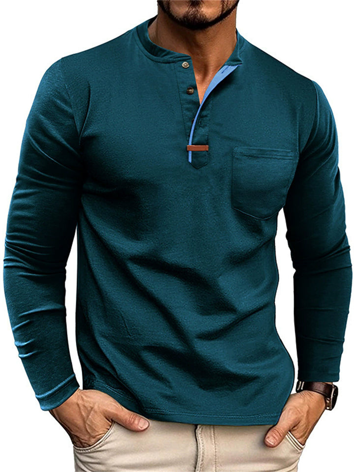 Men's Autumn Solid Color Cotton Quarter Button Long Sleeve Shirts