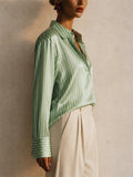 Womens Striped Glossy Button Down Long Sleeve Blouse