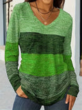 Plus Size Women's Casual Contrast Color V Neck Long Sleeve T-Shirts