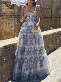 Blue Floral Print Organza Princess Dress