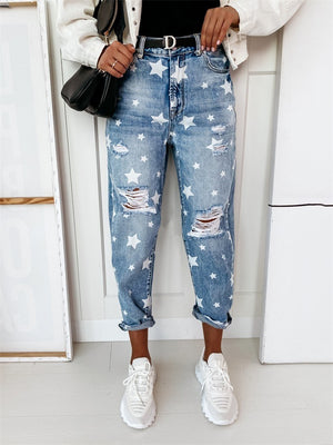 Casual Star Print Ripped Blue Jeans for Women