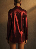 Women Red Metallic Shimmer Button Down Long Sleeve Party Shirts