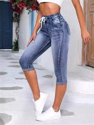 Female Elastic Waist Drawstring Sexy Stretchy Ripped Jeans