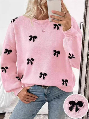 Women's Autumn Cute Bow Jacquard Pullover Long Sleeve Sweaters
