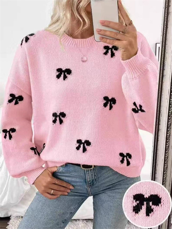 Women's Autumn Cute Bow Jacquard Pullover Long Sleeve Sweaters