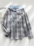 Casual Plaid Button Up All Match Hoodies for Women