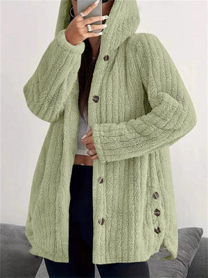 Women's Winter Solid Color Pit Stripe  Button Up Hooded Fleece Coats