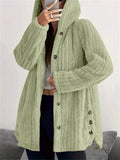 Women's Winter Solid Color Pit Stripe  Button Up Hooded Fleece Coats