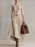 Women Turtleneck Top and Faux Suede Asymmetric Maxi Skirt Two Piece Set