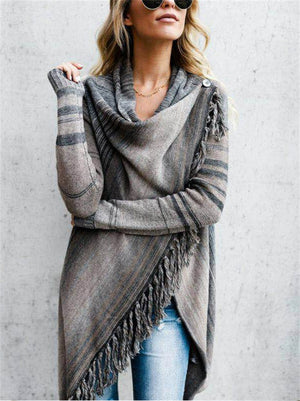 Women's Casual Contrast Color Striped Fringe Cardigan Sweaters