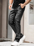 Men's Black Faux Leather Casual Motorcycle Riding Straight Leg Trousers