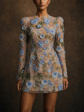 Women 3D Floral Embroidered Long Sleeve Mesh Mini Dress