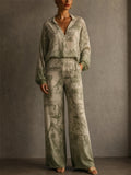 Womens Toile Print Wide Leg Flowy Two Piece Lounge Set