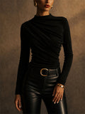 Womens Elegant Mock Neck Ruched Draped Long Sleeve Slim Top