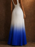 Women Elegant High Waist Ombre Gradient Pleated Maxi Skirt