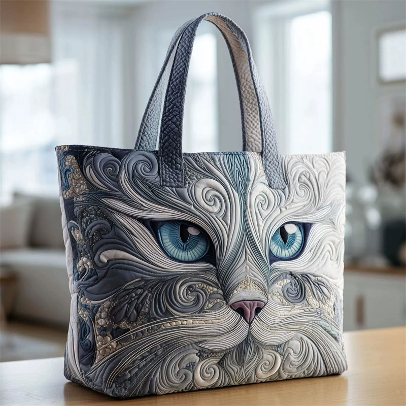 Chic Grey Cat Face Quilted Canvas Tote Bag