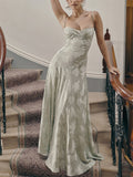 Ladies French Style Spaghetti Strap Backless Lace Long Dress