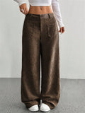 ‌Autumn Mid Waist Corduroy Pockets Wide Leg Pants for Women‌