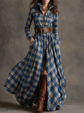 French Style Vintage Buttons Plaid Maxi Shirt Dress for Women