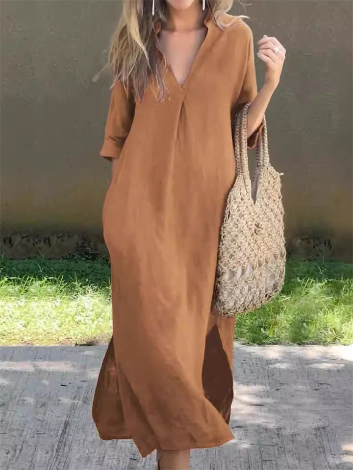 Ladies Casual Side Slit V-Neck 3/4 Sleeve Plain Dresses