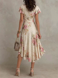 Women Floral Satin Ruched V Neck Short Sleeve Cocktail Dress