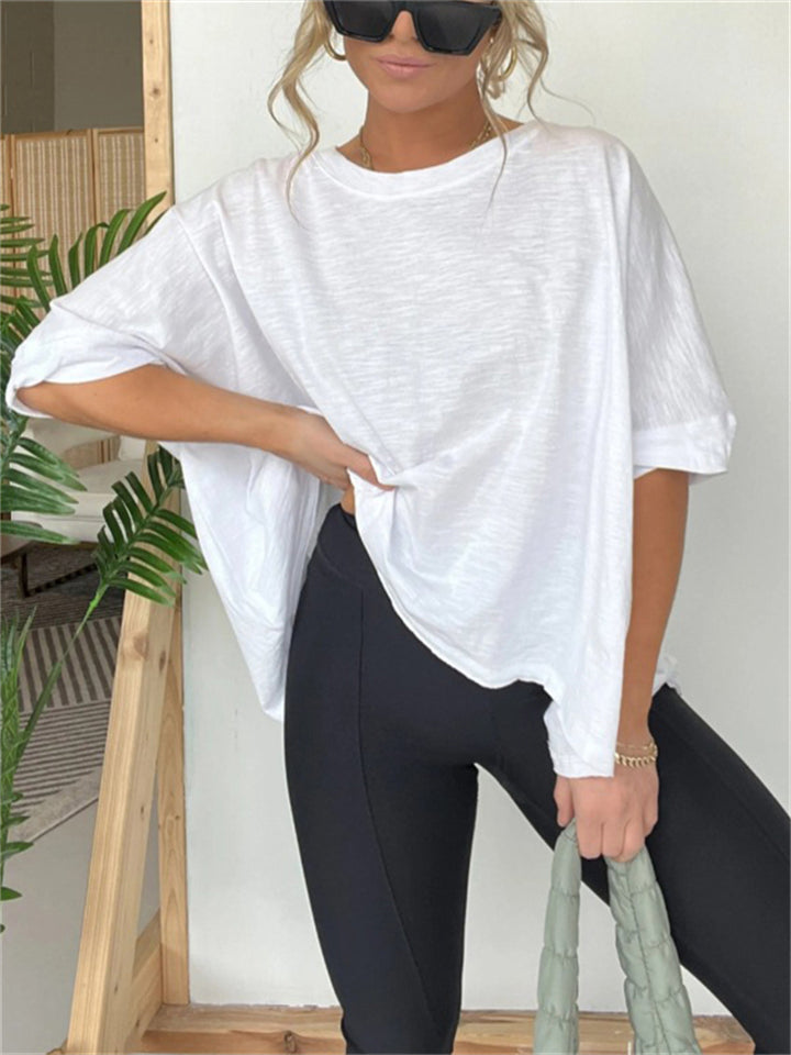 Round Neck Solid Color Basic T-shirt for Women