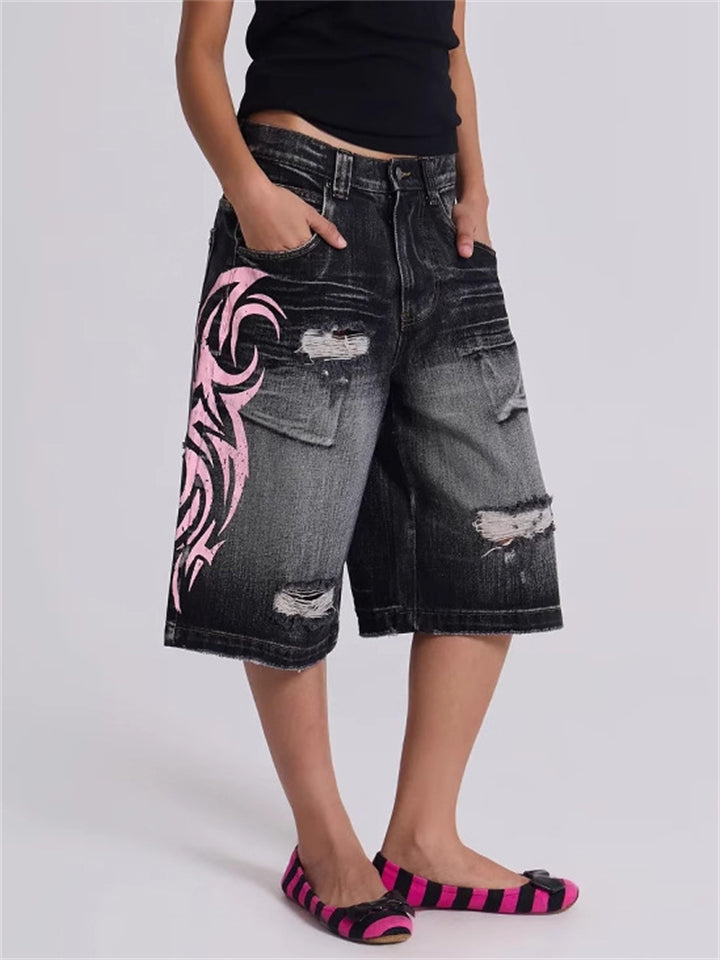 Women's Retro Black Contrast Color Ripped Jeans