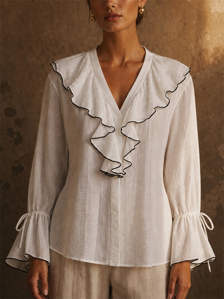 Womens Ruffle V Neck Contrast Trim Puff Sleeve Button Blouse