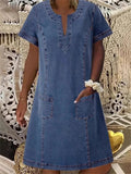 Women's Summer Solid Color V Neck Pockets Denim Dress