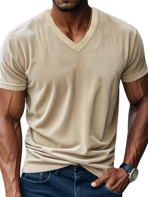 Male's Summer Simple Solid Color Corduroy V Neck Short Sleeve Shirts