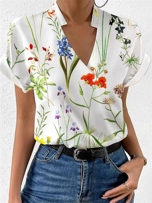 Women's Summer Stand Collar Floral Printed Short Sleeve Shirts