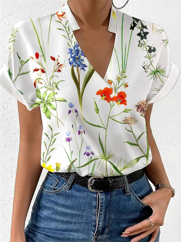 Women's Summer Stand Collar Floral Printed Short Sleeve Shirts