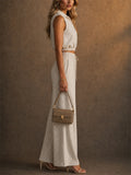Women 2 Piece Sleeveless Polo and Geometric Wide Leg Pants Set