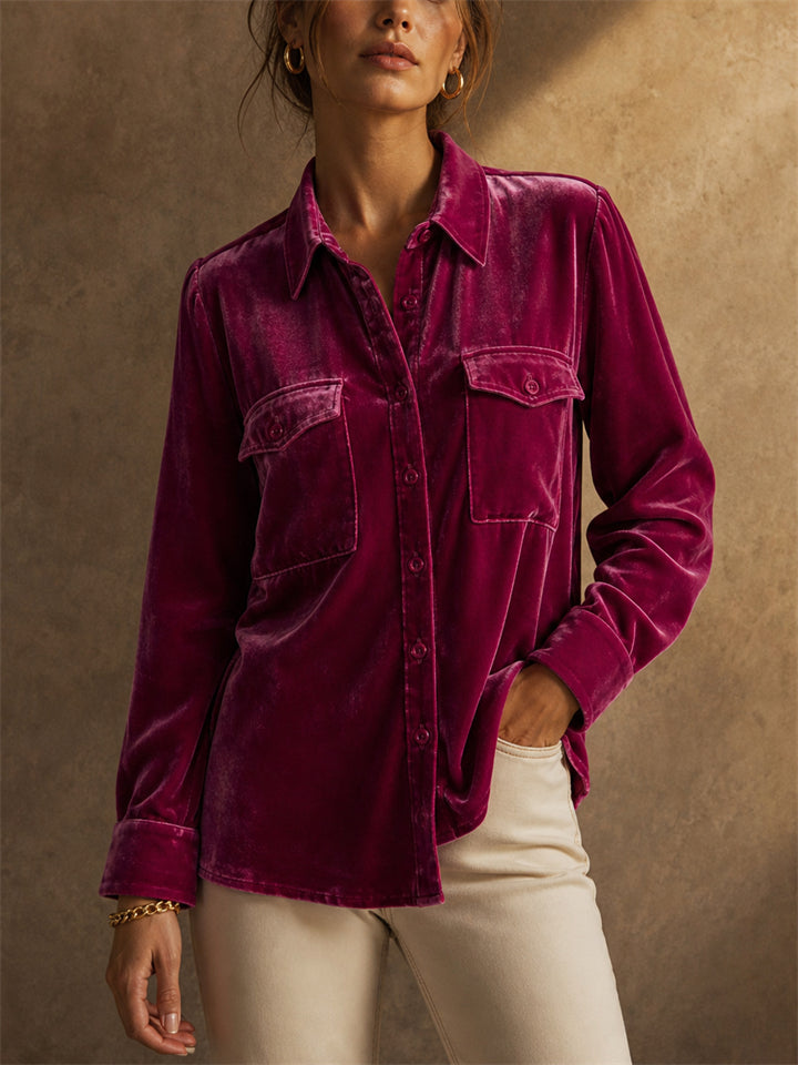 Women Velvet Long Sleeve Button Down Shirt With Pockets