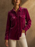 Women Velvet Long Sleeve Button Down Shirt With Pockets