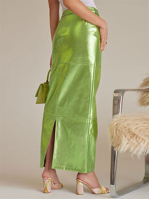 Women's Summer Trendy Back Slit PU Long Skirt